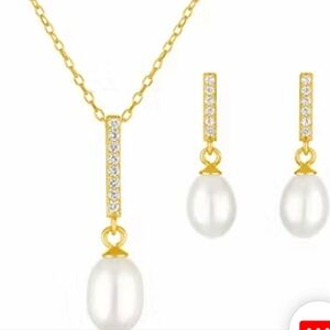 Cultured Freshwater Pearl 14K Gold Over Silver Pendant Necklace Set
